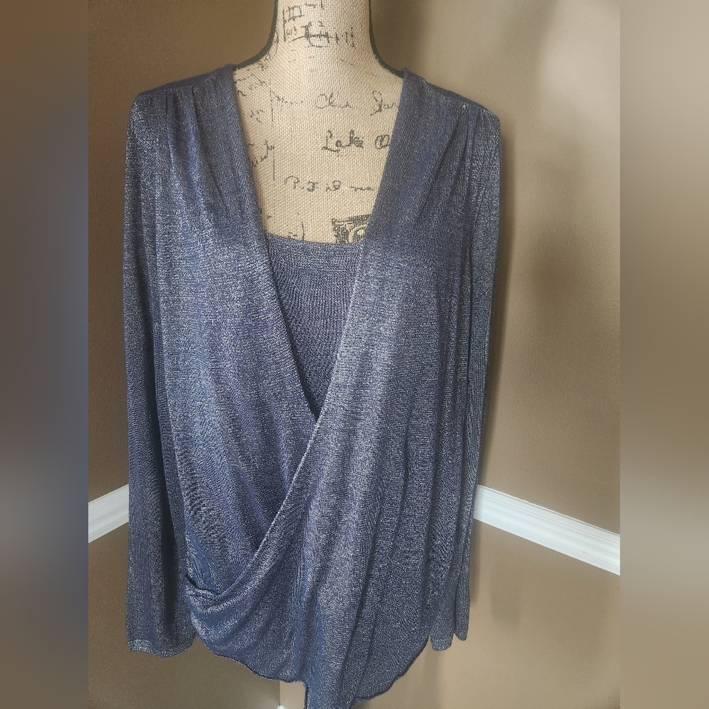 NWT WHBM Blue Shimmering Metallic Wrap Top XL